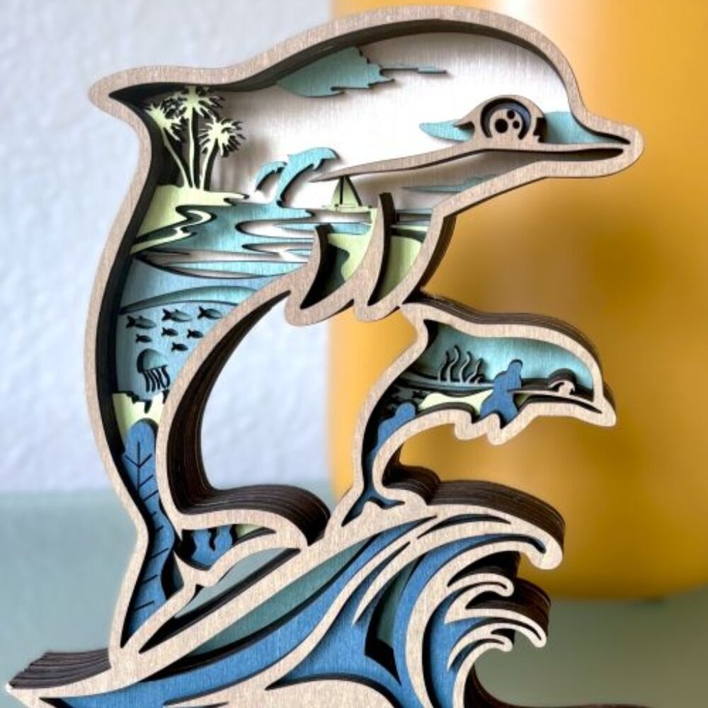 Breaching Dolphin and Calf Coastal Ocean Tropical Wooden Wood 3D Figure Diorama